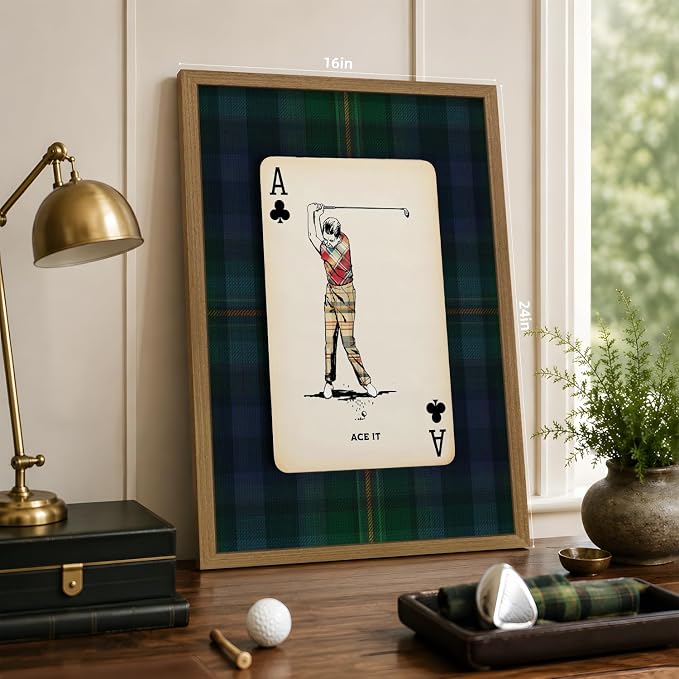 VziizV Vintage Golf Wall Art, Playing Card Golfer Wall Decor, Retro Plaid Sports Artwork, Rustic Farmhouse Golf Poster Print for Office Man Cave Game Room Living Room Wood Framed 16x24 Inch