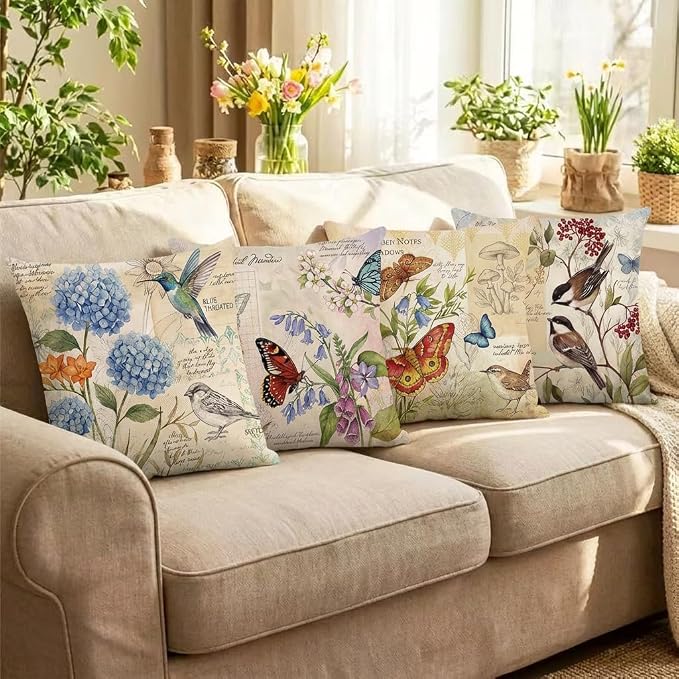 wyooxoo Farmhouse Pillow Covers 20x20 Set of 4 Spring Summer Throw Pillow Covers Linen Flower Butterfly Bird Decorative Pillowcases for Sofa Couch Living Room Outdoor