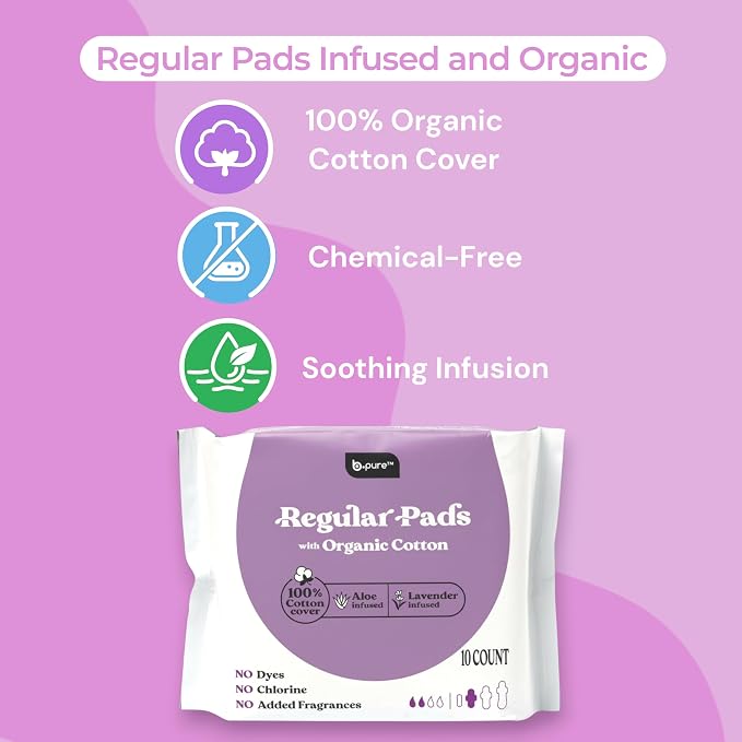b.pure 100% Organic Cotton Regular Absorbency Herbal Feminine Pads with Wings | Chemical Free | Lavender & Aloe Infused | Regular Flow | 40-Count