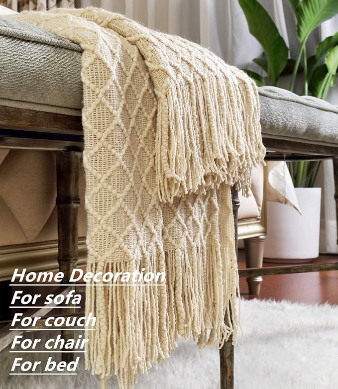 CREVENT Farmhouse Boho Knitted Throw Blanket for Couch Sofa Chair Bed Home Decoration, Soft Warm Cozy Light Weight for Spring Summer Fall (60''X80'' Beige)