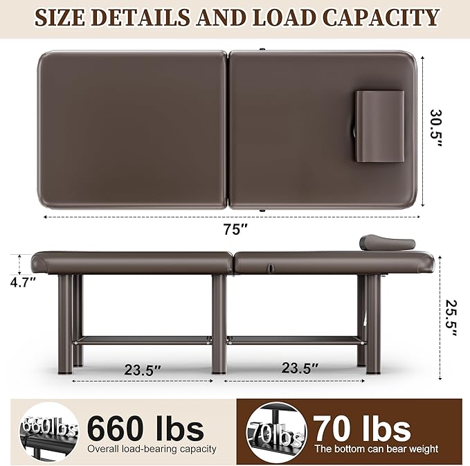 Olela Wide Foldable Massage Table - Professional Massage Table with Adjuatable Backrest & Large Storage Space, Treatment Tables with Metal Frame and Pu Leather for Spa, Beauty, Rehabilitation