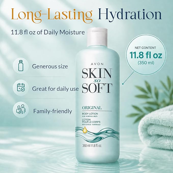 Avon Skin So Soft Original Body Lotion for Women, Paraben-Free Moisturizing Hand and Body Lotion for Dry Skin with Jojoba Oil, Non-Greasy Lightweight Body Moisturizer, 24-Hour Hydration, 11.8 fl oz