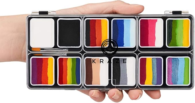 Kraze FX Splash 12 Color Split Cake Palette (6 gm) with 2 Brushes - Water Activated, Hypoallergenic, Safe, Non-Toxic Face Painting Kit for Sensitive Skin, Kids & Adults