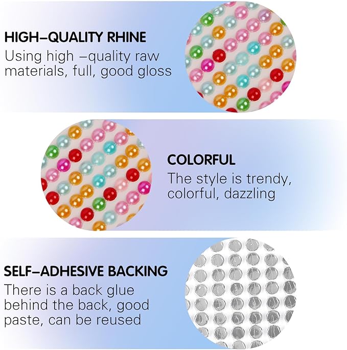 8 Sheets Rhinestone Stickers，3584 Pcs Gem Stickers for DIY Face Eyes Makeup Hair（Colored Pearl-3/4/5/6mm）
