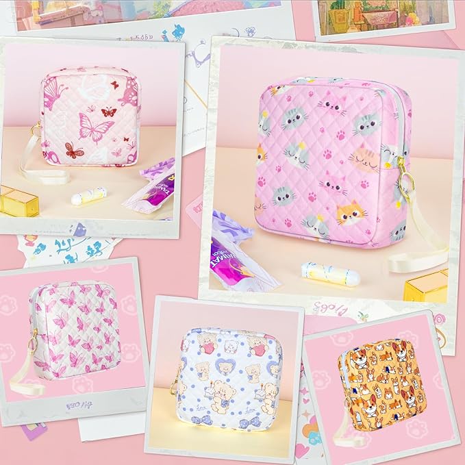 Likesing Tampon Holder for Purse, Quilted Period Bag Sanitary Napkin Storage Bag for Girls Womens, Portable Feminine Emergency Pad Period Pouch(Butterfly White)