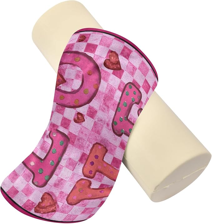 Pink Checkered Valentine Love Hearts Neck Roll Pillow Bolster Round Health Memory Foam Long Cervical Cylinder Pillows with Removable Washable Cover for Body Bed Legs Back Yoga