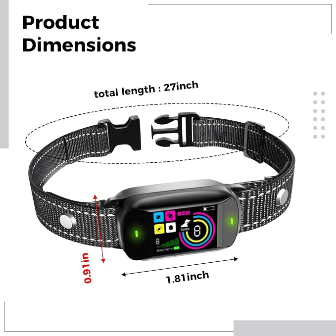 Dog Bark Collar with Smart Vibration, Color Screen Display, Reflective Nylon Strap, Adjustable Sensitivity, Waterproof, for Small Dogs, Soft Textile Fit, Easy Daily Training