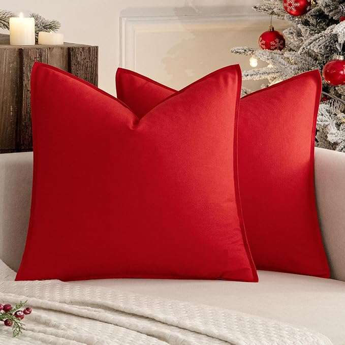 MIULEE Euro Shams Decorative Linen Pillow Covers 24x24 Inch Christmas Red | Pack of 2, Boho Farmhouse Modern Soft Accent Throw Pillows, Neutral Cushion Covers, Home Decor for Bed Sofa Couch Living Room