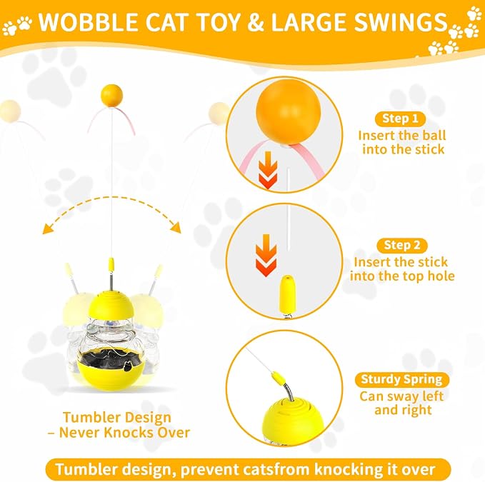 Interactive Wobble Cat Toy Slow Food Treat Dispenser for Cat, Yellow