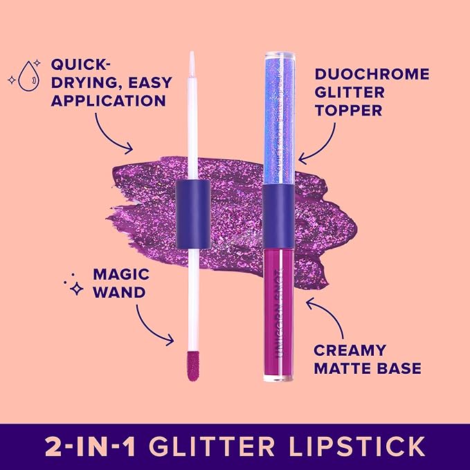 UNICORN SNOT Quiet Riot Glitter Lip Duo | 2-in-1 Set: Matte Lipstick & Plastic-Free Glitter | 0.15oz Purple Lipstick & 0.16oz Gloss, Astro