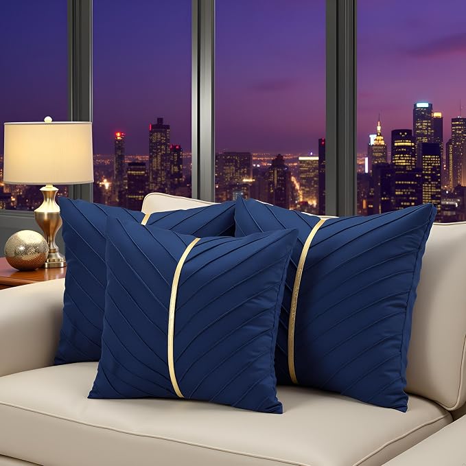 Velvet Throw Pillow Covers 24x24 Pack of 2 Gold Decor Navy Blue | Soft Solid Pillow Covers,Modern Luxury Home Decor,for Couch Chair Sofa Bedroom Livingroom,Hidden Zipper,Ideal Gift,Easy Care