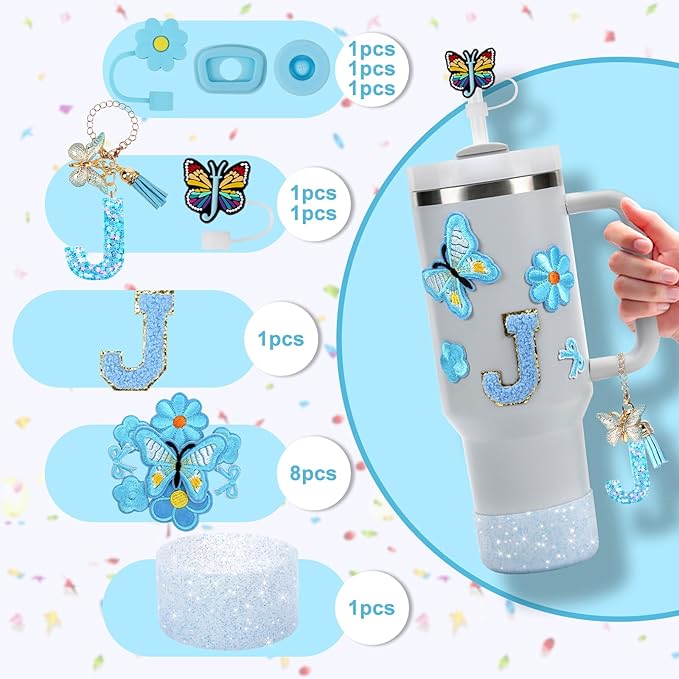 15PCS Cup Accessories Set for Stanley Cup 30oz 40oz Tumbler with Handle, Including Silicone Straw Cover and Boot, Spill Proof Stopper, Stanley Charms, Handle Charm, Initials Sticker