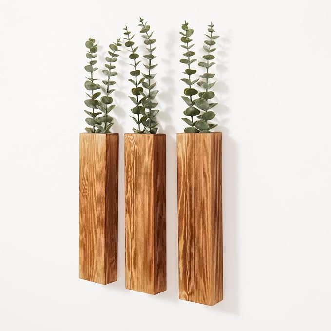 3 Pack Wood Wall Planters with 6 Faux Eucalyptus Stems for Wall Decor