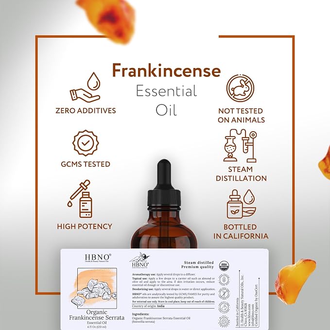 HBNO California Bottled Organic Frankincense Essential Oil 4 fl oz (120ml) - USDA Certified Oil - Organic Frankincense Essential Oil for Skin and Aromtherapy