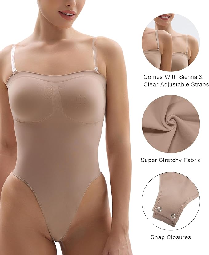SHAPERX Strapless Shortie Bodysuit for Women Tummy Control Shapewear Seamless Body Shaper with Removable Straps