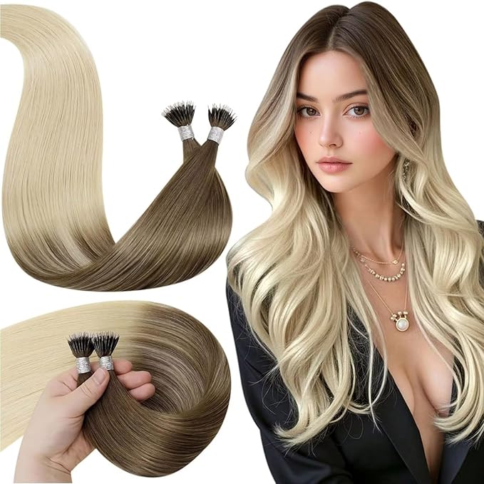 LaaVoo Nano Hair Extensions Human Hair Ombre Blonde Nano Bead Hair Extensions Ash Brown Fading to Light Blonde 50s 50g 22 Inch