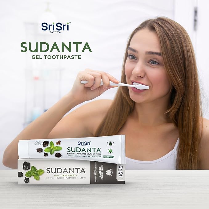 Sri Sri Tattva Sudanta Charcoal Toothpaste Gel – SLS, Fluoride Free Herbal Toothpaste with Neem & Ayurvedic Herbs – Natural Teeth Whitening, Fresh Breath, Oral & Gum Health – 100g Tube (Pack of 2)