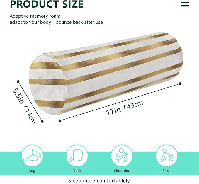 Bolster Pillow for Reading Neck Roll Pillow Memory Foam Round Pillow Insert Cylinder Decorative Pillow Bed Back Support Gold Stripe