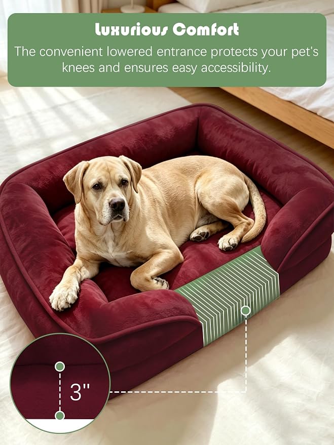 Spotted Play Orthopedic Dog Bed with Sides - Sofa Beds for Extra Large Dogs, Supportive Foam Pet Couch Bed with Washable Removable Cover, Waterproof Lining and Non-Slip Bottom, Burgundy - XL