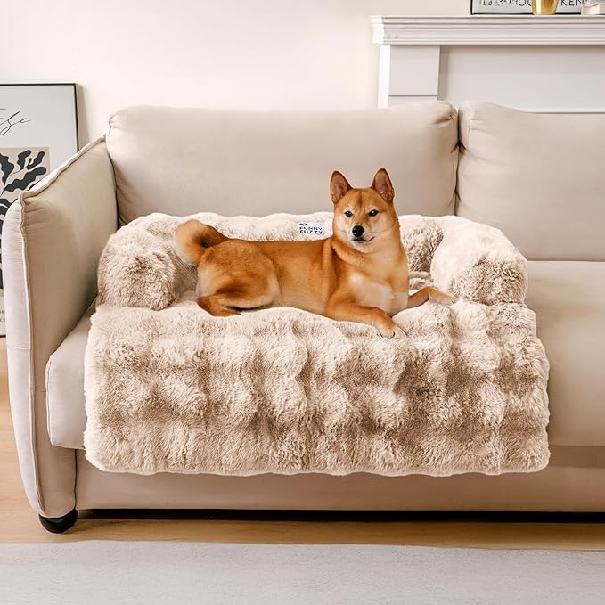 Dog Couch Bed, Calming Luxurious Pet Sofa Bed Cover Washable | Pet Mat for Medium Dogs and Cats, Faux Rabbit Fur, Raised Bolster, Non-slip Bottom, 31.5"×25.5"×4.7", Coffee