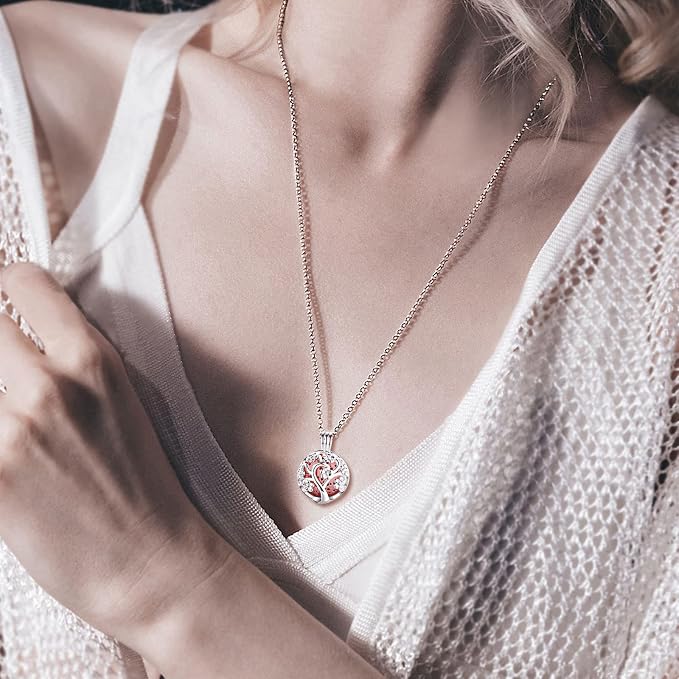 INFUSEU Sakura Tree Aromatherapy Necklace, Essential Oils Diffuser Locket Pendant with 7 PCS Lava Rock Stones and 24" Link Chain