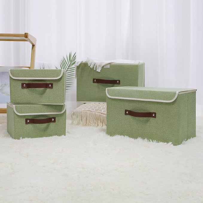 ANMINY Fabric Storage Box Bins with Lids, Green, 10"x8"x7", 4 Pack | Keepsake Memory Storage, Cotton Linen, PP Board Reinforced, Washable, PU Handles, Foldable & Stackable, Decorative, Small