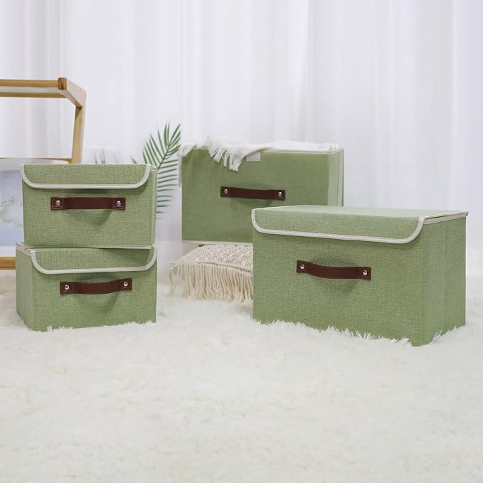 ANMINY Fabric Storage Box Bins with Lids, Green, 10"x8"x7", 2 Pack | Keepsake Memory Storage, Cotton Linen, PP Board Reinforced, Washable, PU Handles, Foldable & Stackable, Decorative, Small