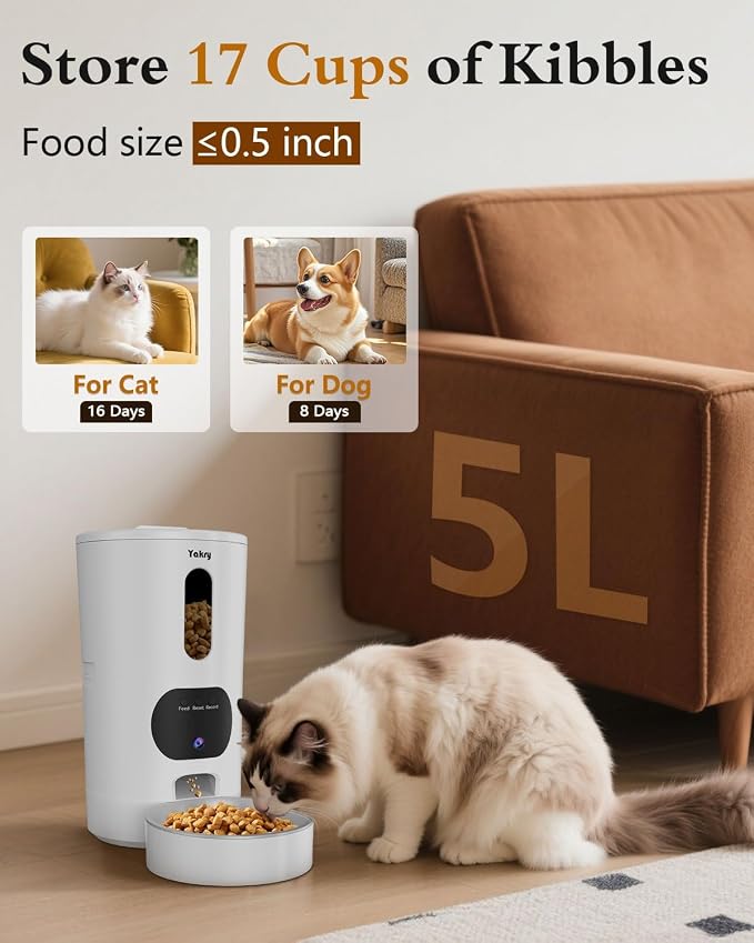 Yakry Automatic Cat Feeder with Camera - HD 1080P Video with Night Vision | 5GHz WiFi Easy Setup App Control Cat Dry Food Dispenser with Stainless Steel Bowl, 4L/17 Cups Capacity for Small Pets Indoor