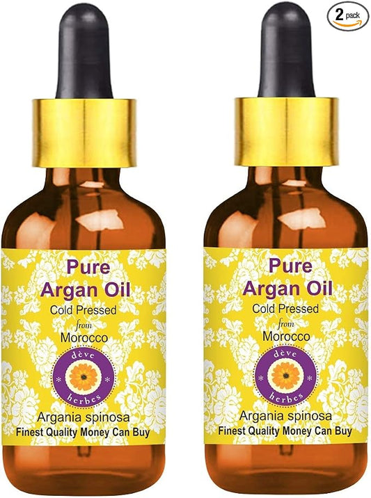 Deve Herbes Pure Argan (Moroccan) Oil (Argania spinosa) with Glass Dropper Cold Pressed (Pack of Two) 100ml X 2 (6.76 oz)