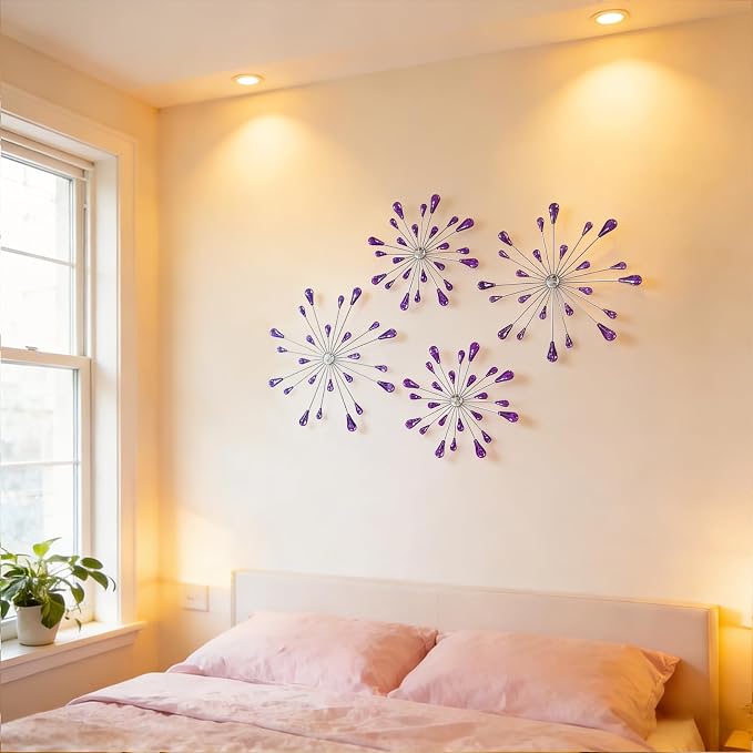 ZEXUIRU 4 Set Silver Starburst Wall Art for Home Decor Metal Bling Crystal Rhinestones Sunburst Wall Decor Sparkling Rhinestone Art Accent -Purple 13in/11.8in/9.8in/9.8in