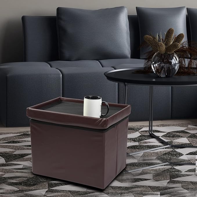 ALASDO Storage Ottoman Footrest Stool Small Ottoman with Storage Foldable Ottoman Leather Foot Rest Footstool Bench for Living Room 17x13x13inches Brown