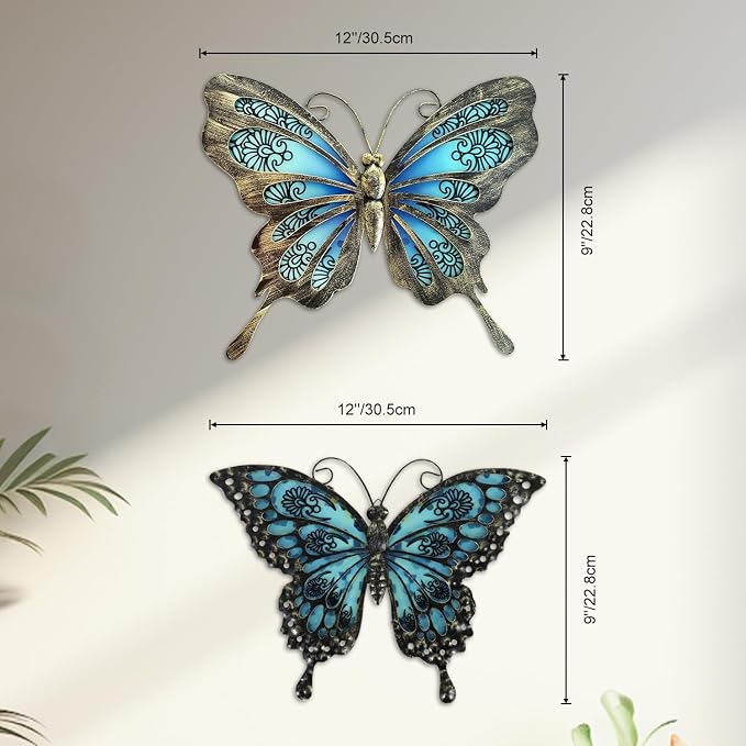 LIFFY Metal Butterfly Wall Decor,2Pack 12" Hanging Glass Butterfly Outdoor Decor,Garden Decorative Ornaments Outside for Home,Yard,Fence,Patio