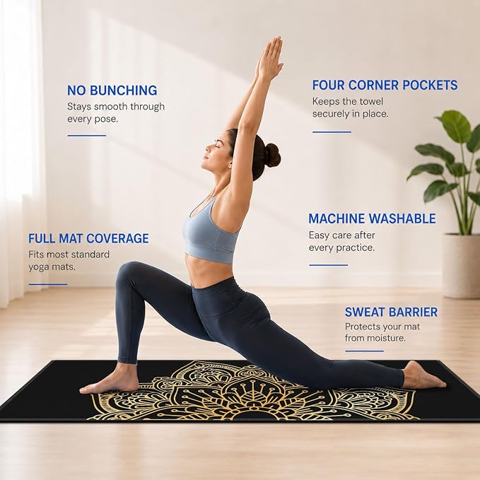 Yoga Mat Towel, Hot Yoga Non Slip with 4 Corner Pockets, 70 x 26 in | Soft Absorbent Microfiber With Four Corner Pockets, Fits Over Yoga Mats For Hot Yoga, Pilates, Gym, And Travel