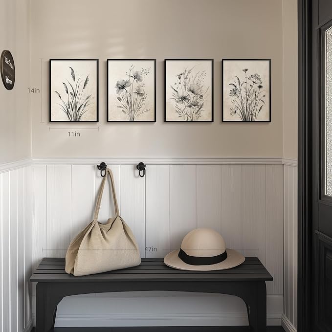 Framed Vintage Rustic Farmhouse Botanical Floral Wall Art, 4 Piece 11x14 In | Retro neutral flower pictures, Waterproof canvas prints, Ready to hang artwork, Kitchen bedroom hallway wall decor