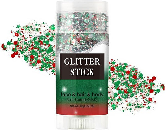 Face and Body Glitter Stick, Holographic Neon Christmas Accessories Outfit Singer Concert Sparkling Festival Rave Glitter Gel Makeup. (White& Red &Green)
