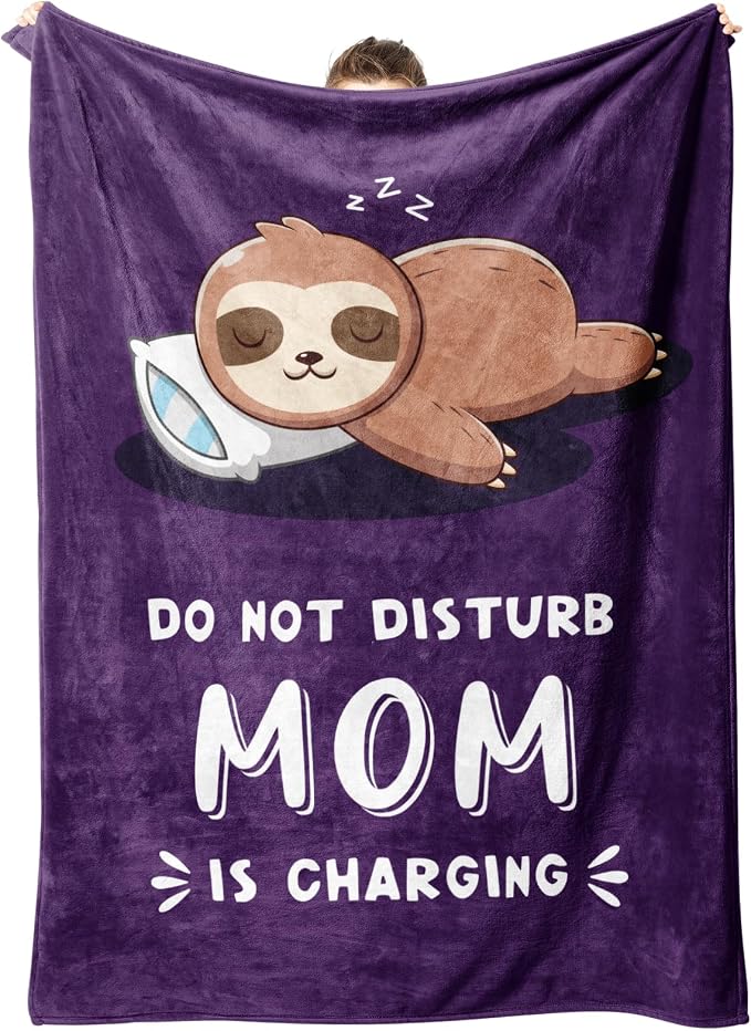 Leebbsin Funny Gifts for Mom, Birthday Gifts for Mom from Daughter Son | Mom is Charging Sloth Blanket, 60" x 50", Purple, Mom Gift for Christmas Mothers Day, Soft Sloth Throws Blanket for Mother
