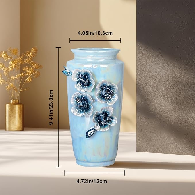 Blue Ceramic Vase 9 Inch - Modern Decorative Flower Vase for Centerpiece, Kitchen Table Living Room Home Decor