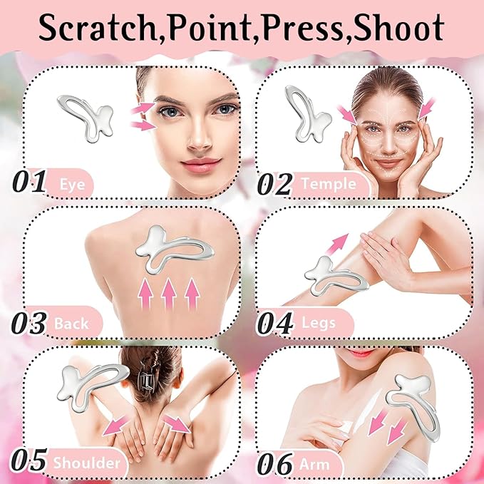 erdnretl Gua Sha & Face Roller, Stainless Steel Gua Sha Facial Tools,Lymphatic Drainage Massager for Face, Eyes,Chin & Jawline Sculpting,Body Gua Sha Tools with Pouch (Light Silver)