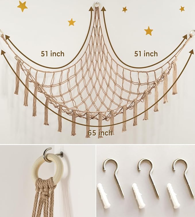 Stuffed Animal Storage Hammock or Net Corner - Large Toy Hammock Net for Stuffed Animals Room Decor - Cute Stuff Animal Organizer Plush Holder - Kids Baby Nursery Essentials Wall Bedroom Home Decor
