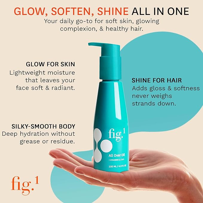Fig.1 All Over Oil - Lightweight Hydrating Body-Oil for After Shower Glow | Non-Greasy with Vitamins A, C & E | Moisturizing Skin Oil for Face & Body | Vegan, Refillable Pump | 120ml