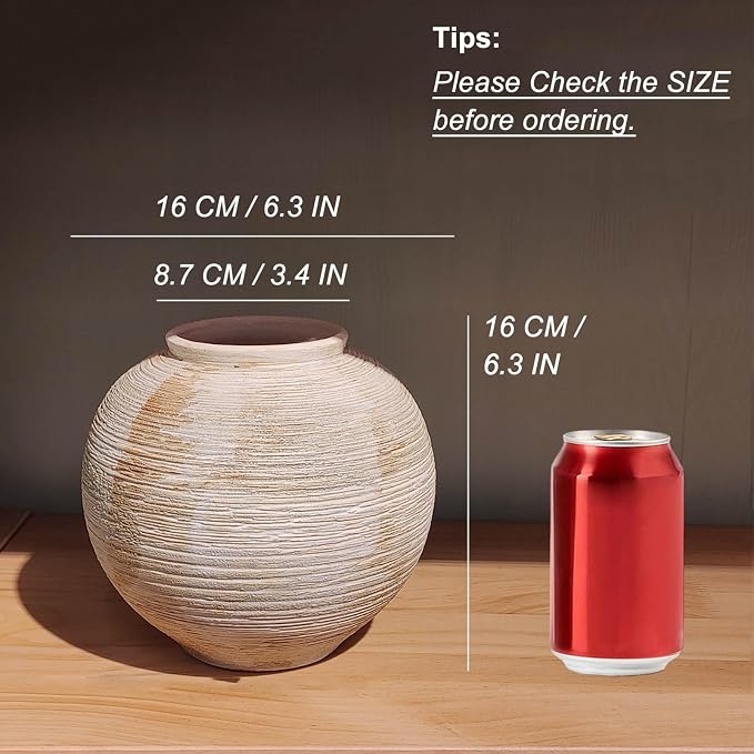 Rustic Ceramic Vintage Farmhouse Vase for Decor (Small Ribbed Beige) | Distressed Texture Vase Home Decor, 6'' Decorative Terracotta Round Bowl vase for Living Room, Table, Shelf, Kichen Décor