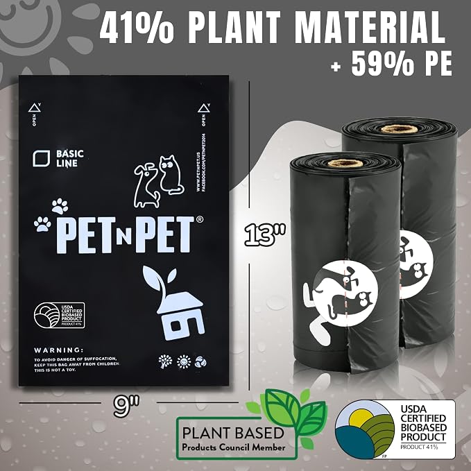 Pet N Pet Poop Bags for Dogs, 1080 Count, Plant Based, Black 9x13 Thick | 41%, 59% PE, Extra, Rolls, Unscented, Waste, Leak-Resistant, Tear-Resistant, Easy-Tear Design, Durable, dog waste bags