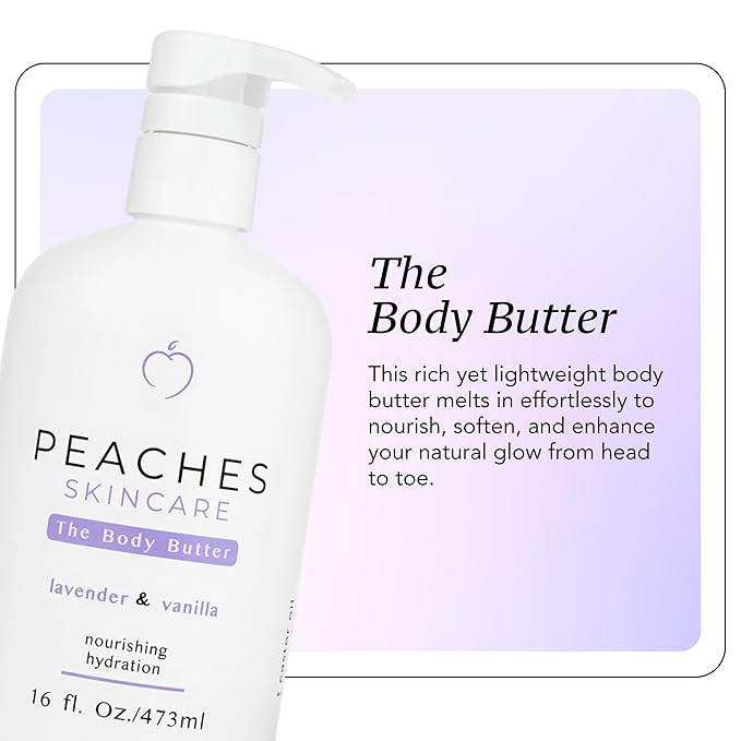 Peaches Skin Care Body Butter with Shea and Mango Butter – Rich Hydrating Formula for Soft, Smooth-Looking Skin – Daily Body Care for Men and Women, Lavender & Vanilla Scent, 16 oz