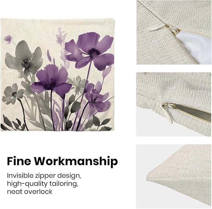 Spring Floral Pillow Covers 18x18 Inches Set of 2 Gray Purple Floral Throw Pillow Covers Outdoor Summer Flower Decoration Pillowcase Farmhouse Decorative Square Cushion Cover for Home Couch