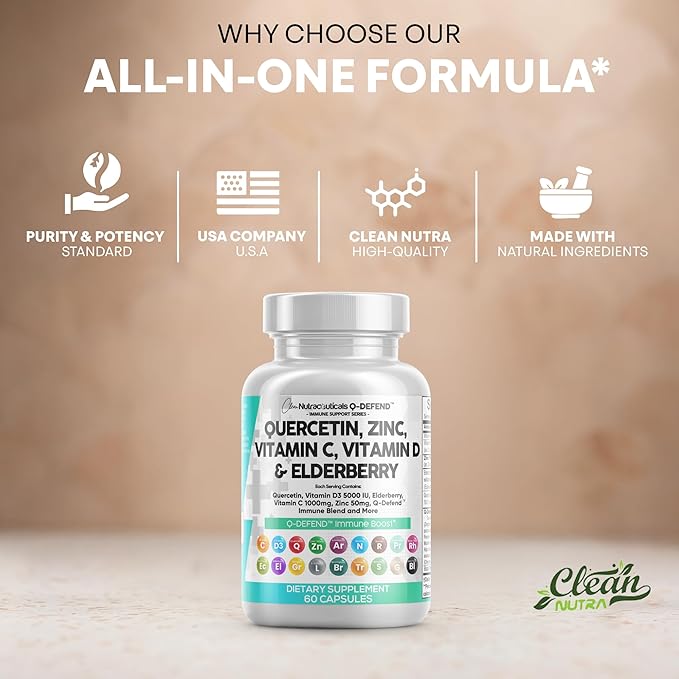 Clean Nutraceuticals Quercetin Zinc Vitamin C Vitamin D Bromelain Elderberry - Lung Immune Support Supplement Adults with Artemisinin, Sea Moss, Echinacea, Allergy Relief (60 Count (Pack of 3))