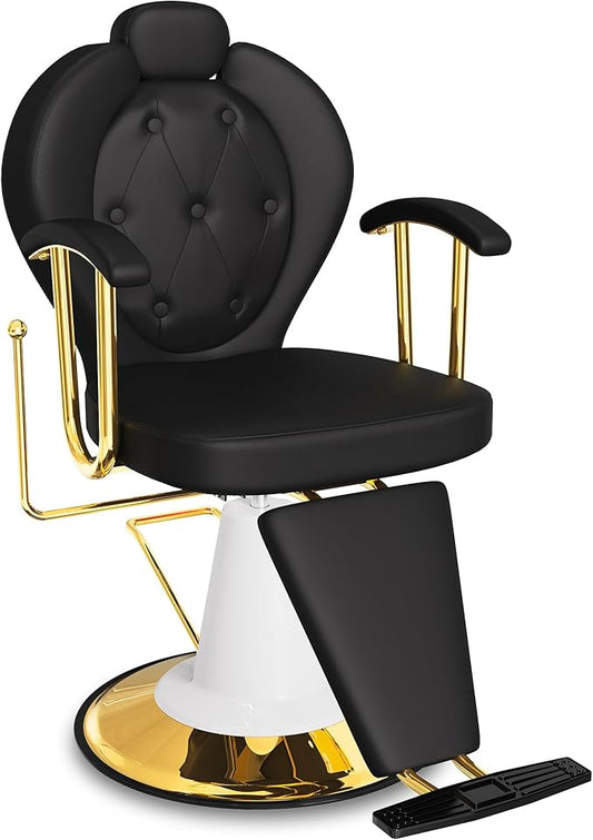 Baasha Comfortable Black & Gold Reclining Salon Chair - 165° All Purpose Hydraulic Barber Chair with Removable Headrest - Heavy Duty Styling Chair for Lash, Facial, Tattoo & Shaving - 440 lbs Cap.
