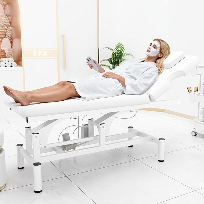 Professional Electric Massage Table, 2 Motors Hydraulic Electric Lift Adjustable Backrest and Height Lifting Functions for Treatment/Physical Therapy/Spinal Massage/Facial Spa/Waxing/Tattooing - White