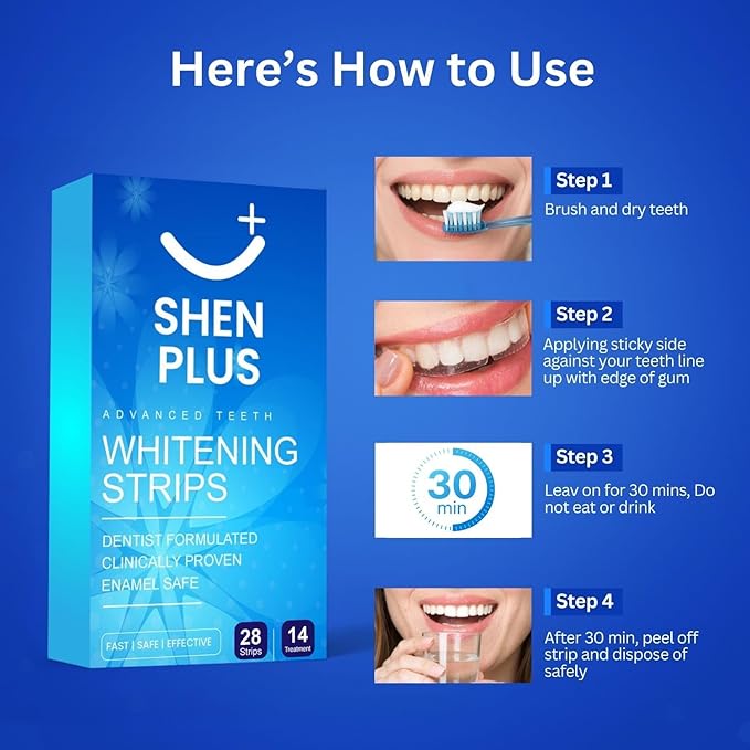Shen Plus Teeth Whitening Strips – Enamel-Safe, Non-Slip Dry – 14 Treatments – Helps Remove Deep Stain with Coconut, Sage Oil, Dead Sea Salt & Lemon Peel Oil – 28 Strips