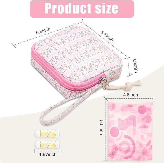 Small Makeup Bag | Discreet Period Bag Pad Pouch for Purse| Sanitary Napkin Storage & Tampon Holder for Travel (Cute flower pink)