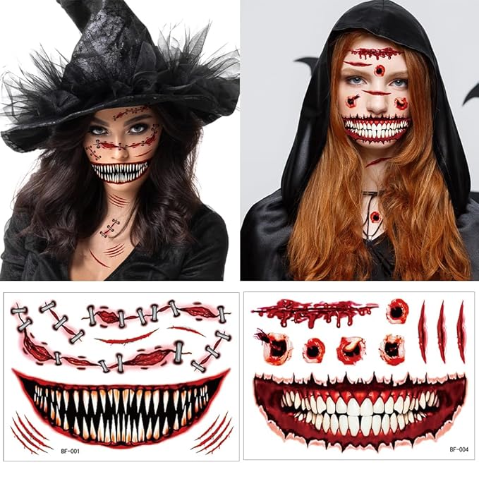 9 Sheets Halloween Tattoos - Halloween Temporary Tattoos, Horrible scar Makeup Fake Face Stickers, Funny scar mouth Face Decals for Adults Women Girls Clown Makeup Kit Party